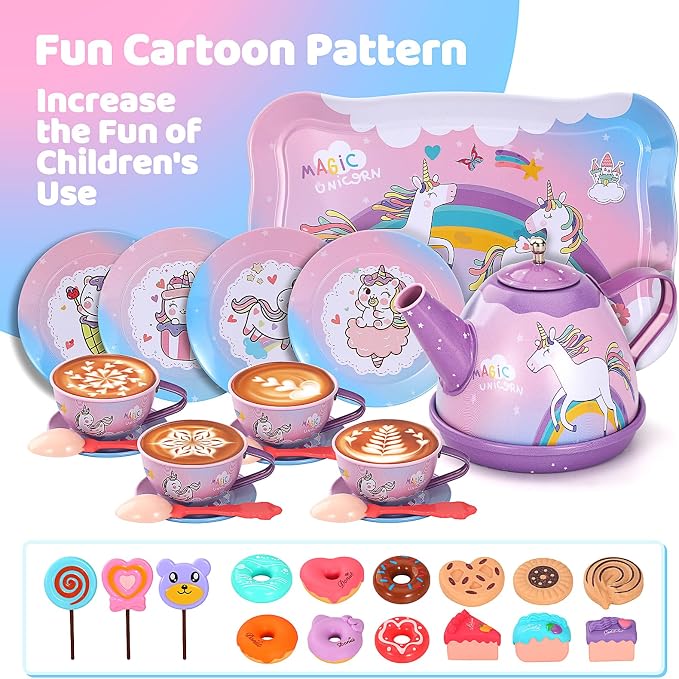 55Pcs Tea Party Set for Little Girls, Princess Tea Party Set, Unicorn Kid Tin Tea Set,Kids Kitchen Pretend Toy, Toddler Tea Party Set for Girl 3-5, Tea Party Easter Birthday Gift for 4 Year Old