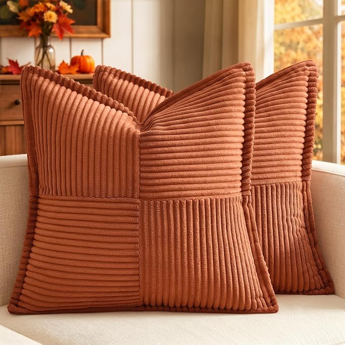 MIULEE Fall Burnt Orange Decorative Throw Pillow Covers for Couch 18x18 in | 2 Pack, Terracotta Boho Broadside Striped Patchwork Pillow Covers, Soft Corduroy Cushion Cases, For Sofa Bed Livingroom