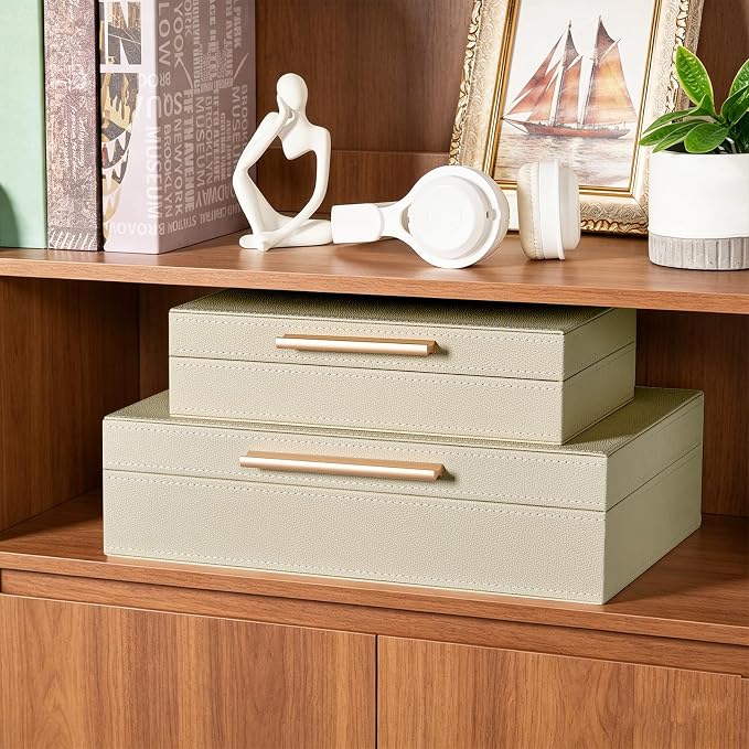 Decorative Box, Decorative Boxes with Lids 2-Set, Memory Box for Keepsakes | Beautiful PU Leather Decorative Storage Boxes in Style, Decor Box with Rose Metal Handle, Store Photos, Documents Beige