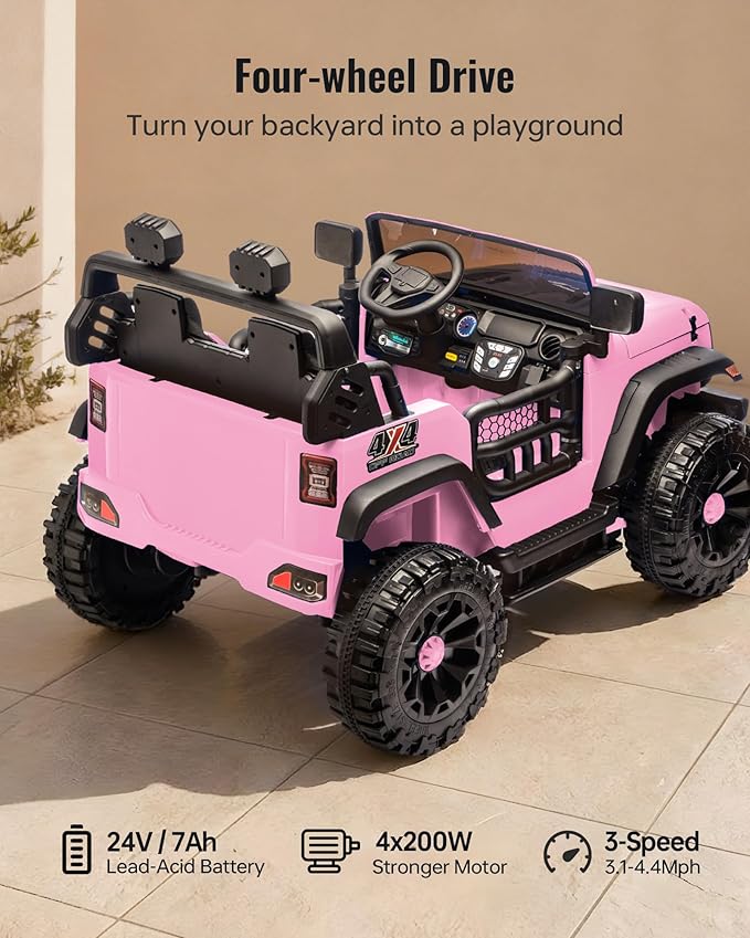 Outfunny 2 Seater Ride on Car Toy, 24V 4WD Electric Car for Kids 4-8 with Remote Control, 4x200W Motors, Capacity 150 lb - Light Pink