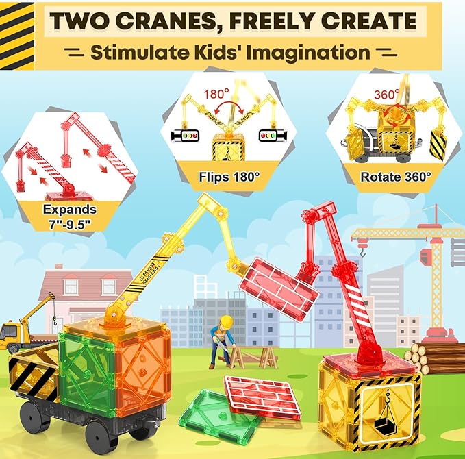 Kids Games Magnetic Tiles with 2 Cranes Construction Set Sensory Toys for Boys Girls Ages 3-6 5-7 8-13, Gifts for 3+ Year Old Boys Girls Toddler Outdoor Kids Toys with Car