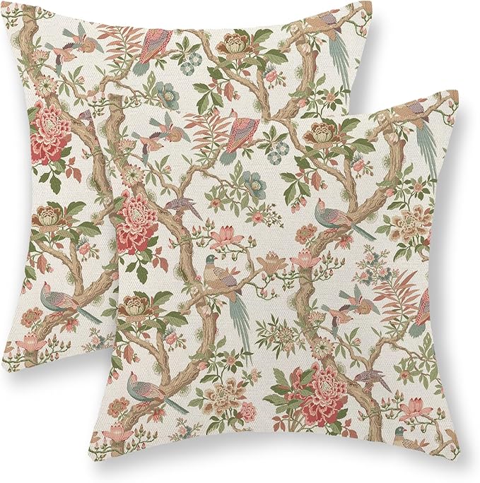 Chinoiserie Pillow Covers 18x18 Set of 2 Pink Green Bird Floral Throw Pillows Vintage Pink Flower Bird Decorative Pillow Cases Outdoor Chinoiserie Decor Farmhouse Cushion Case for Couch Sofa