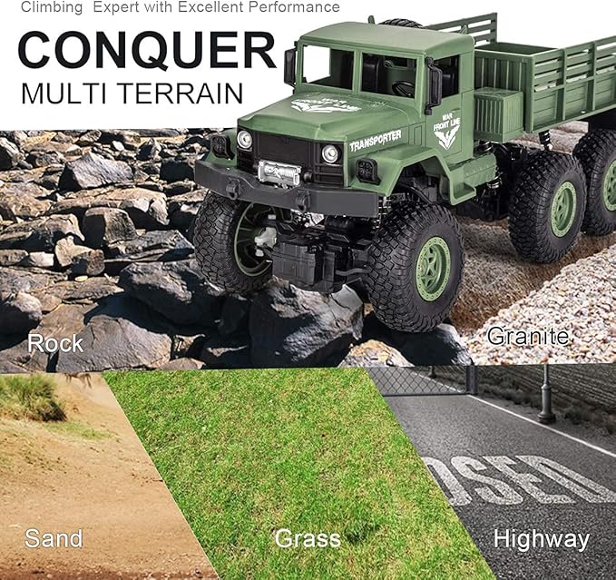 XINGRUI 50 Minutes Playing Time RC Military Truck, Off-Road Remote Control Car Army Toys, 2.4Ghz 4WD 1:18 Scale RC Car Toy Vehicle for Kids Children Boy Birthday