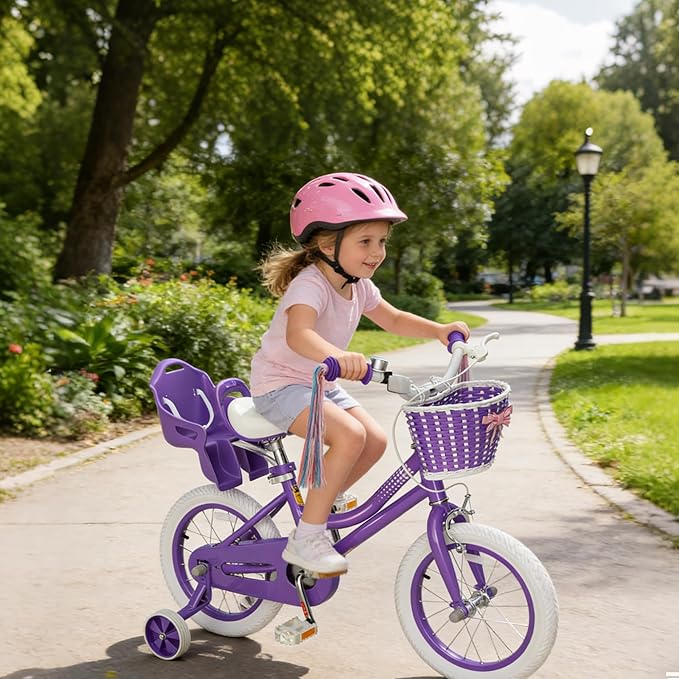 KORIMEFA Girls Bike for Ages 2-8 Years Toddler Kids with Doll Seat, 12 14 16 Inch Bicycle with Training Wheels, Little Small Princess Bicycle with Basket& Streamers, Girls Pedal Bike