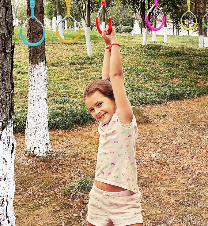 Swing Ninja Ring Indoor Outdoor Backyard PlaySet Fitness Gymnastic Training Equipment, 2 Pack Yellow Hanging Jungle Gym Fist Trapeze Monkey Bars Climbing Ring Ninja Warrior Obstacle Course Attachments