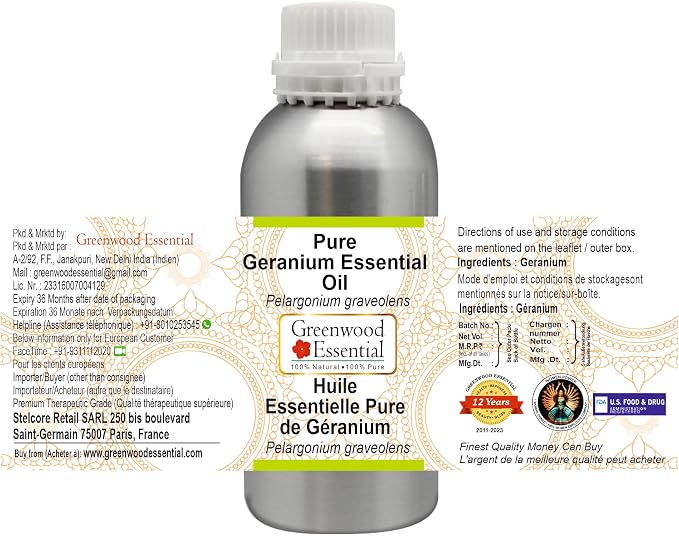Greenwood Essential Pure Geranium Essential Oil (Pelargonium graveolens) Steam Distilled 300ml (10.1 oz)