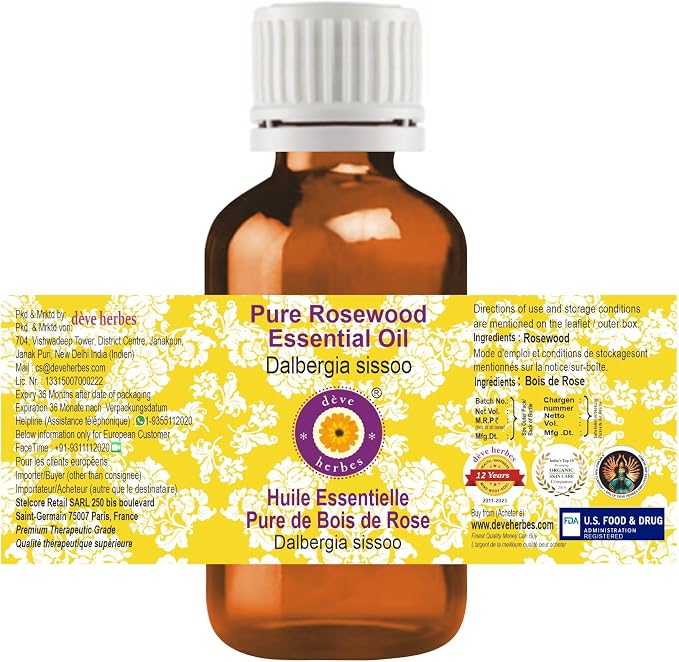 Deve Herbes Pure Rosewood Essential Oil (Dalbergia Sissoo) Steam Distilled 50ml (1.69 oz)