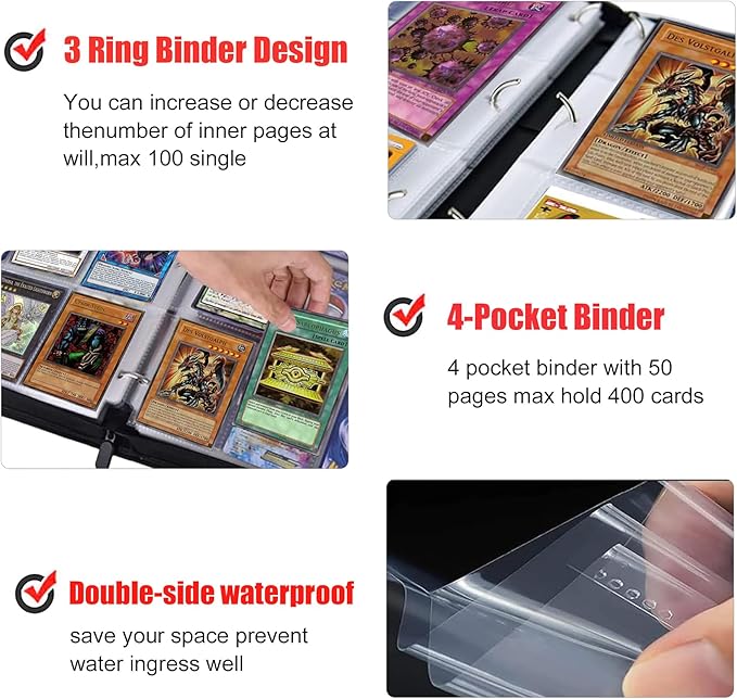 4 Pocket Trading Card Binder for Cards with 50 Sleeves up to 400 Cards,Waterproof Card Storage Book with Removable Sleeves for Booster Box and TCG Cards