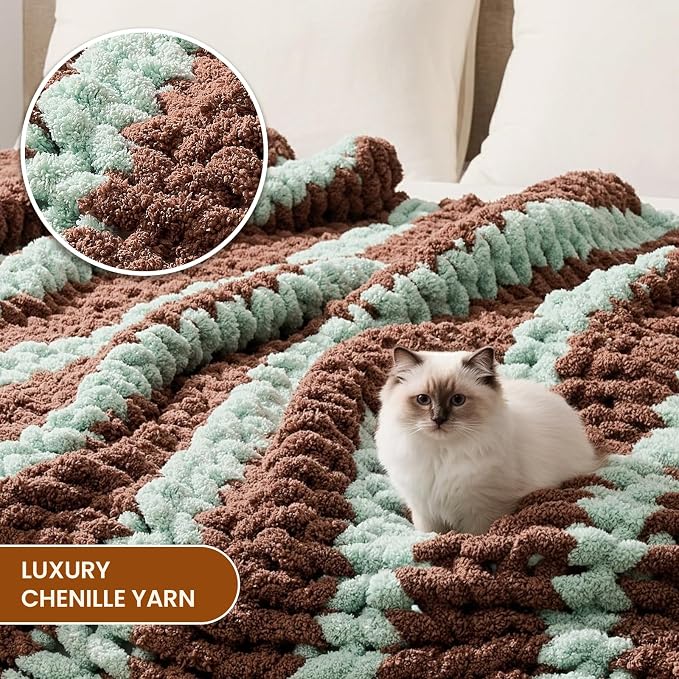 L'AGRATY Chunky Knit Throw Blanket for Couch, 50 x 60 Inches, Brown Green | Handmade Chenille Crochet Blanket for Sofa Bed, Thick Cable Knitted Blankets for Room Home Decor, Birthday Gift for Women Mom