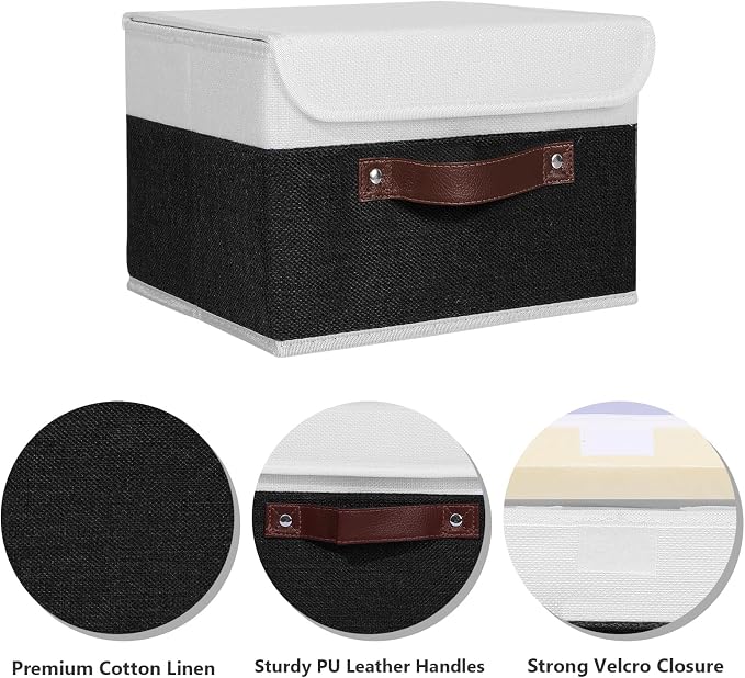 ANMINY Fabric Storage Box Bins with Lids, Black White, 10"x8"x7", 2 Pack | Keepsake Memory Storage, Cotton Linen, PP Board Reinforced, Washable, PU Handles, Foldable & Stackable, Decorative, Small