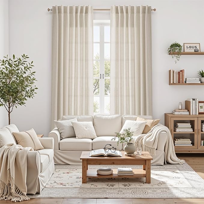 Nanspring Eclectic Home Decor Linen Curtains 96 Inches Long for Living Room Boho Luxury Light Filtering Semi Sheer Curtain Back Tab Modern Privacy Drapes for Bedroom Office 52x96, 2 Panels