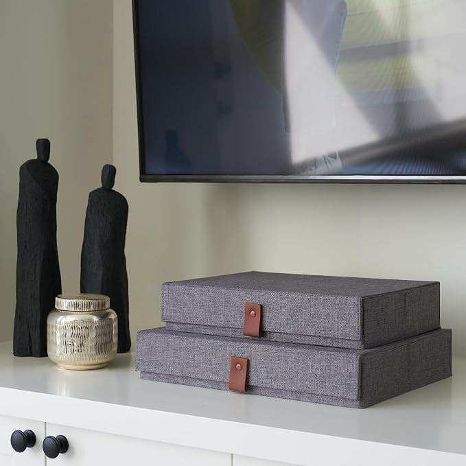 Decorative Photo Storage Boxes with Lids - Set of 2 Beautiful Linen Organizers Are Perfect to Safely Store Your Pictures, Documents, Scrapbooking Supplies, Keepsakes and Other Memories in Style