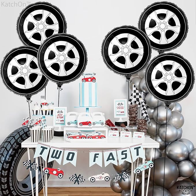 KatchOn, Big Tire Balloons for Birthday Boy Decorations - 18 Inch, Pack of 6 | Wheels Balloons for Two Fast Birthday Decorations | Race Car Birthday Party Decorations | Auto Mechanic Party Decorations