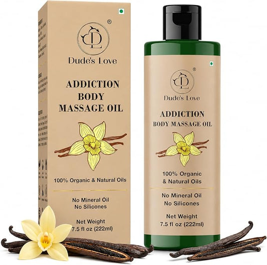 Addiction Body Massage Oil | Vanilla Scent | 100% Natural & Organic Oils | No Mineral Oil, No Silicones | Deep Nourishing Body Oil | 7.5 fl oz (222ml)