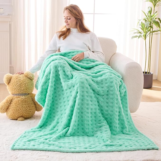 NEWCOSPLAY 3D Waffle Checkered Flannel Throw Blanket, Aqua, 50"x70" | Super Soft Cute Lightweight Decorative Premium Silky Fleece Blanket for Couch Sofa Bed, Gift for Women Men, All Season Use