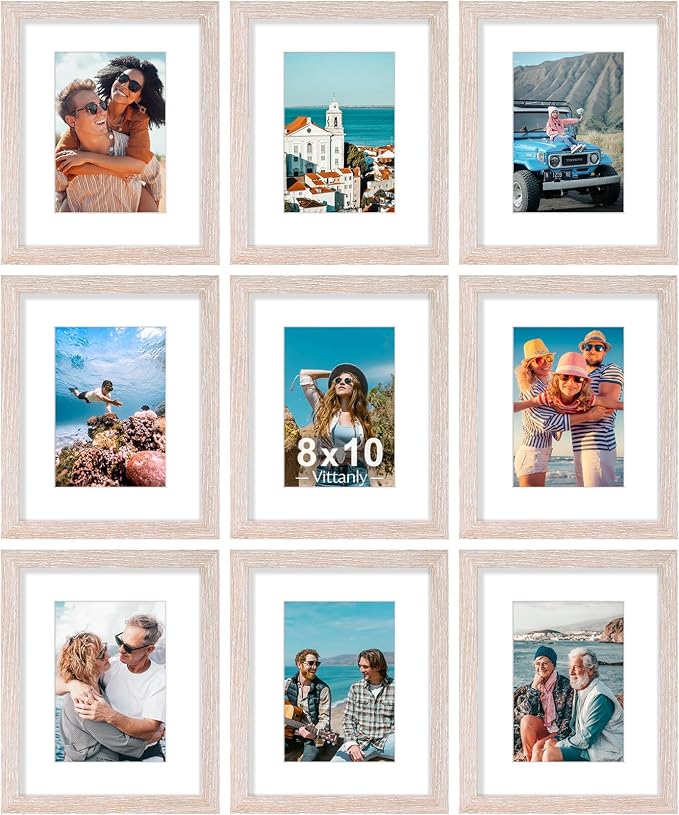 Vittanly 8x10 Picture Frames Set of 9, Shatter Resistant Plexiglass, Display 5x7 Pictures with Mat or 8x10 without Mat, Photo Frames for Wall or Tabletop, Engineered Wood, Rustic Pink | Display Pictures 5x7 with Mat or 8x10 without Mat, Small Photo Fra...