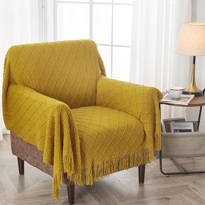 inhand Golden Palm Knitted Throw Blanket for Couch and Bed, 50"x60" | Soft Living Room Home Decor Knitted Blanket, Tassel, Outdoor Lightweight Breathable , Farmhouse Warm Woven Decorative