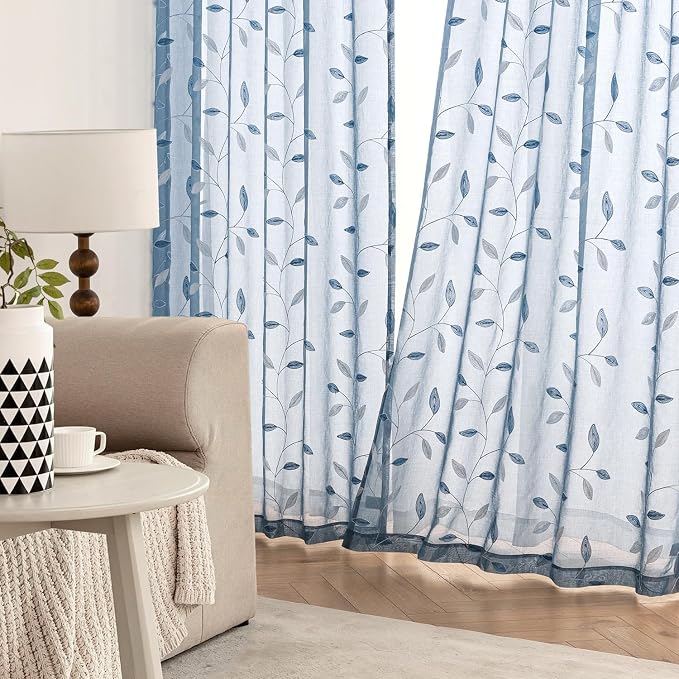 MIULEE Stone Blue Sheer Curtains 2 Panels Embroidered Leaf Patterned Rod Pocket Floral Semi Sheer Faux Linen Window Curtains Drapes Set for Living Room Bedroom Dining Room, 52x84 Inches Long