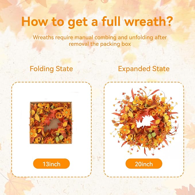 20" Fall Wreath Front Door Artificial Daisy Wall Decor Farmhouse Autumn Wreath Thanksgiving Home Porch Outdoor Indoor Holiday Harvest Decor