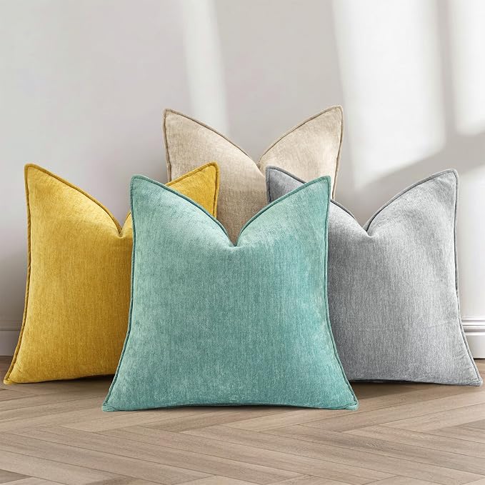 decorUhome Chenille Mineral Yellow Throw Pillow Covers 22x22 Set of 2 | Fall Soft Euro Sham Couch Decorative Modern Velvet Pillow Cases with Elegant Design for Sofa Bed Living Room Home Decor