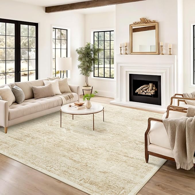 Soalmost 6x9 Area Rug for Living Room Washable Non-Slip Rugs Beige/Ivory | Low-Pile Vintage Carpet for Dining Bedroom, Foldable Thin Stain Resistant Floor Mat Under Table Home Office Nursery Decor