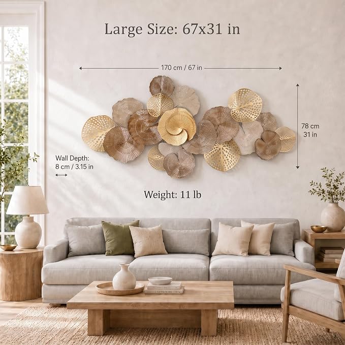 Axioglo 67" Large Wall Decor 3D Lotus Leaf Metal Wall Art for Living Room | 67" x31" metal wall decor with layered metal texture, mounting hardware, two-way display