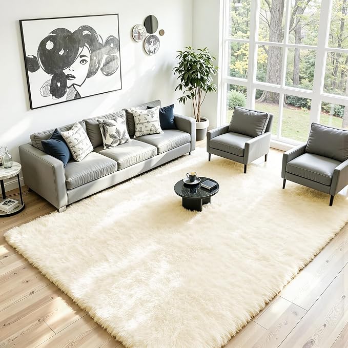 8x10 Area Rug for Living Room, Ultra Soft Fluffy Cream White Rugs for Bedroom, Non Slip Large Shag Carpet, Fuzzy Plush Nursery Rug, Thick Washable Indoor Floor Carpets for Kids Office Dorm Home Decor
