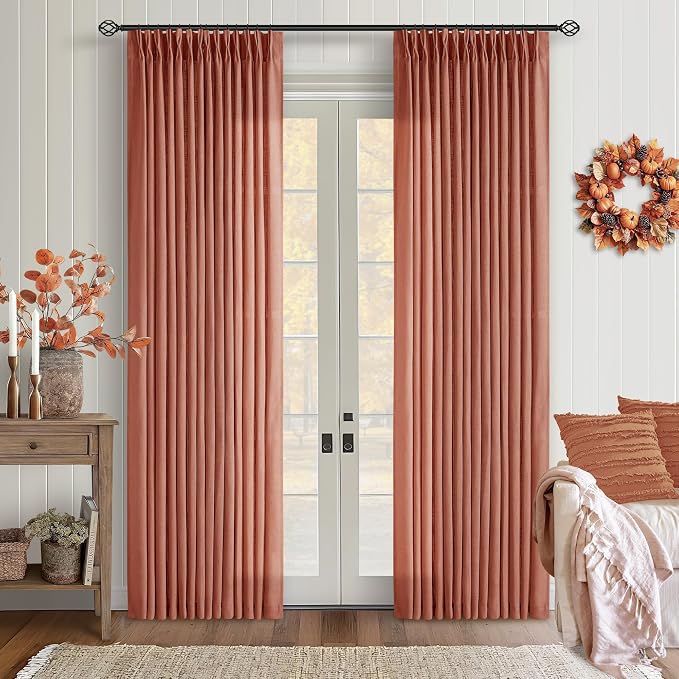 Pinch Pleated Terracotta Linen Curtains 84 Inches Long 2 Panels Firebrick | for Living Dining Room, Pinch Pleat Back Tab, Light Filtering Semi Sheer, Farmhouse Boho, Red Clay Autumn Fall Home Decor