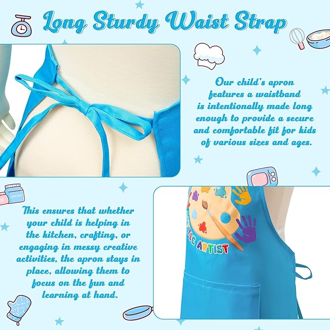 R HORSE Kid Apron and Chef Hat Set 2Pcs Adjustable Children Blue Artist Kitchen Apron, Dress up Role Play Chef Toy Cooking Baking Painting and Training Kits Funny Birthday Christmas Gift for Kids