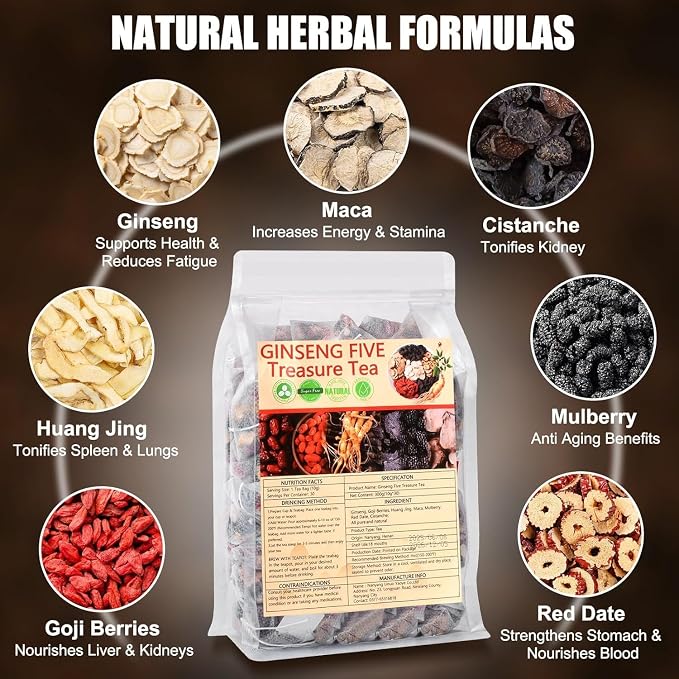 Kidney Tea Ginseng Six Treasure Tea Formula Traditional Chinese Herbal Kidney Cleanse Detox Repair for Women & Men (60 Bags, Ginseng Six Treasure Tea)