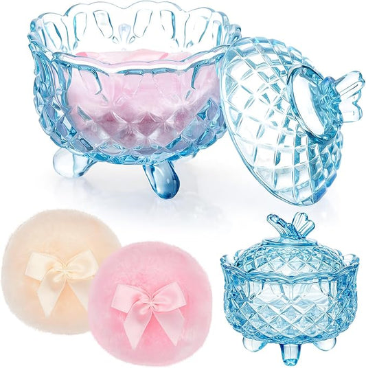Tioncy 3 Pcs Large Body Powder Puff and Container Valentine's Day gift Powder Container with Puff Crystal Case Soft Washable Reusable Velour Face Body Glitter Wet Dry Makeup(Butterfly,Blue)