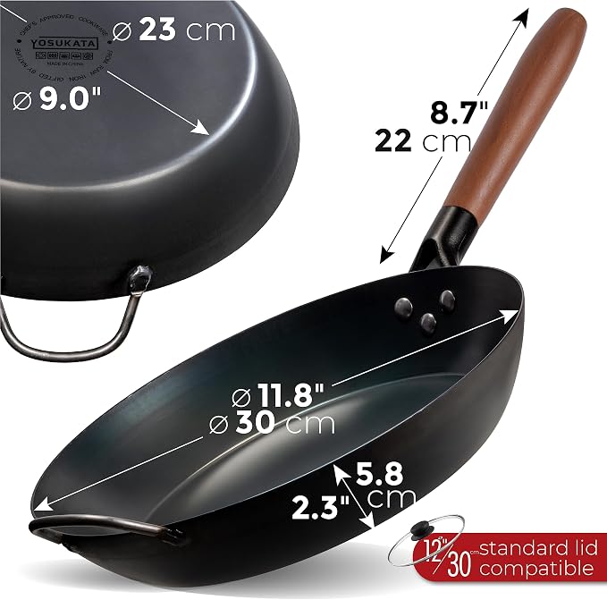 YOSUKATA 11.8" Carbon Steel Frying Pan – Non-Toxic Pre-Seasoned Skillet with Removable Wooden Handle – Coating-Free Wok-Style Pan for Gas, Induction, Electric, Oven & Grill BBQ