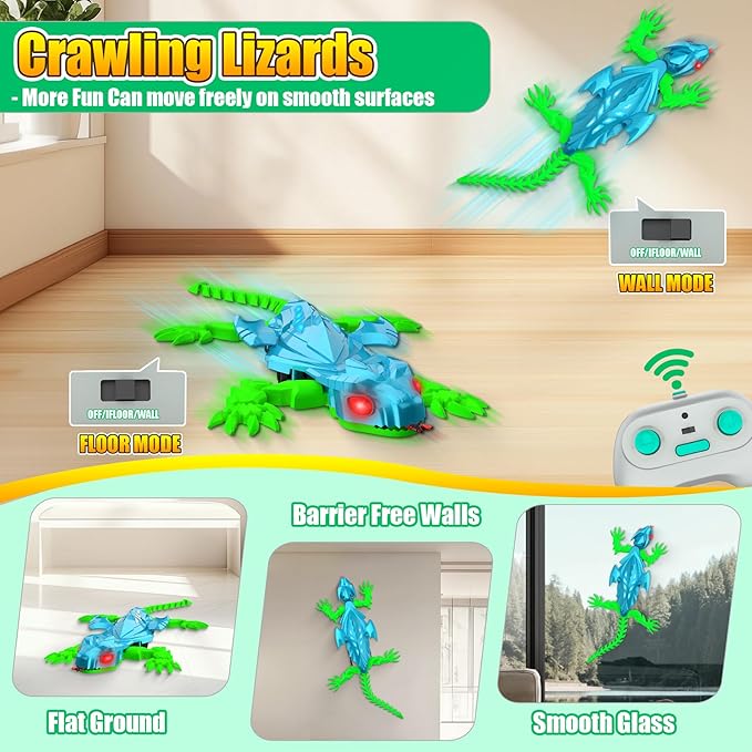 TWFRIC Wall Climbing Gecko Lizard, Robot Geckos Lizards Rechargeable Remote Control Car Toy RC Cars Toys for Kids RC Crawler for Boys & Girls Ages 6 & Up Halloween Christmas Birthday Gifts (Blue)