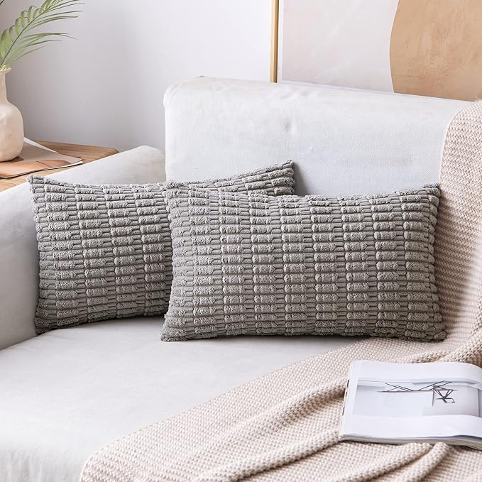 MIULEE Lumbar Corduroy Decorative Throw Pillow Covers 12x20 Light Grey | Pack of 2 Soft Boho Striped Pillow Covers Modern Farmhouse Home Decor For Sofa Living Room Couch Bed