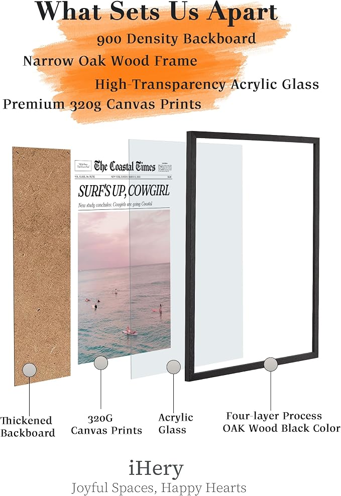 iHery 16x20in Surf’s Up Cowgirl Black Framed Newspaper Wall Art | Premium Black Natural OAK Wood Frame with Canvas Print, Coastal Cowgirl Decor for Bedroom, Dorm, Living Room 1Pack