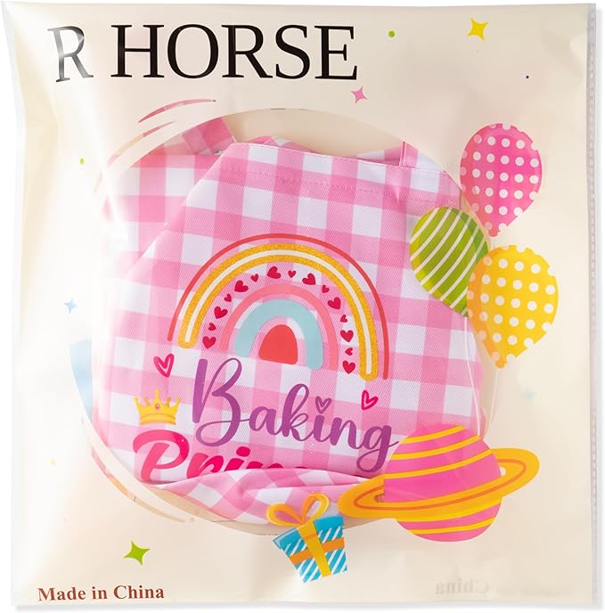 R HORSE 2Pcs Kid Apron and Chef Hat Set, Adjustable Children Coquettish Pink Kitchen Toddler Apron for Girls, Dress up Role Play Chef Toy Funny Cooking Gift Birthday Gift for Kids Baking Painting