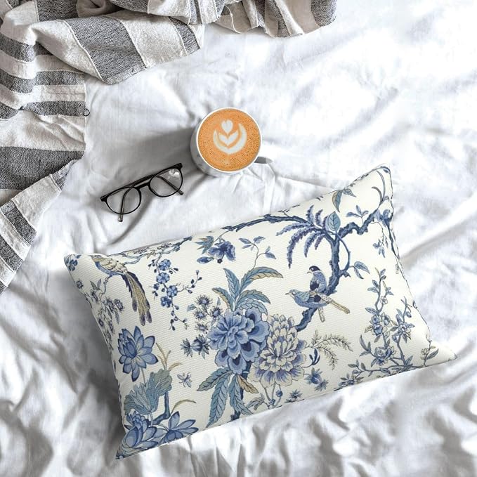 Chinoiserie Floral Bird Pillow Covers 12x20 Set of 2 Blue Chinoiserie Flowers Decorative Pillow Cases Outdoor Blue and Cream Throw Pillows Farmhouse Linen Cushion Cases for Couch Home Decor