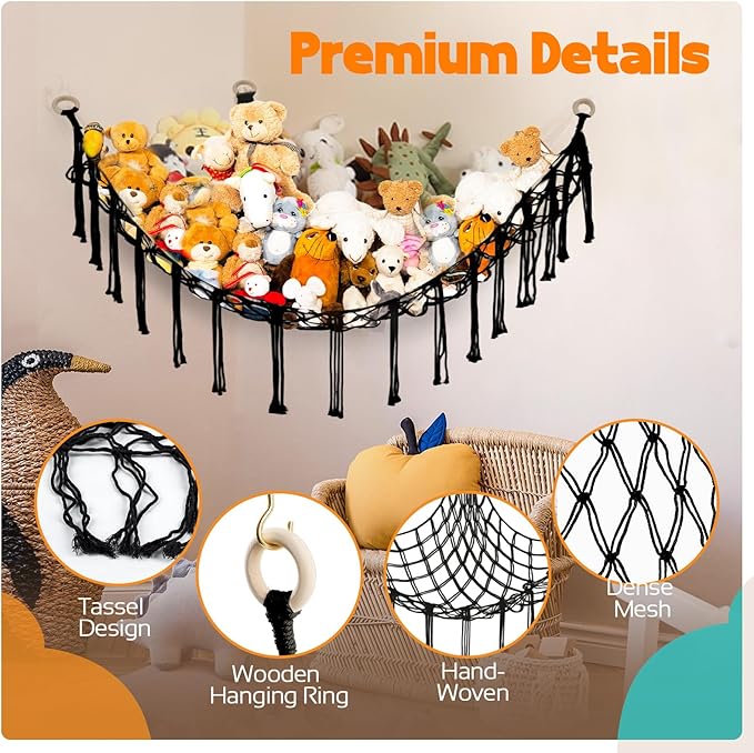 Stuffed Animal Storage Hammock Large Toy Storage Net Stuff Animal Hanging Organizer Holder for Plush Plushie Included Anchors & Hooks Teddy Bear Storage Boho Room Decor