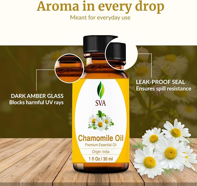 SVA Chamomile Essential Oil 1 Fl Oz – for Diffuser, Skin & Hair Care – Ideal for Massage & DIY Blends