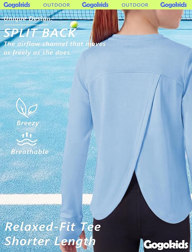 Gogokids Girls Shirts Long Sleeve Athletic Shirts Open Back Tops Active Sports Tshirts Yoga Workout Crop Tees 5-14 Years