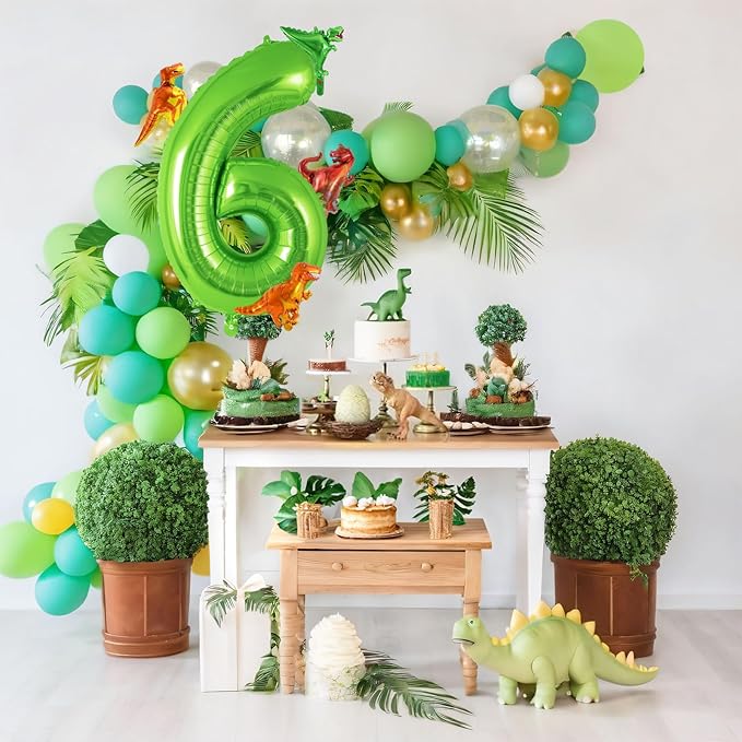 Dinosaur Green Number 6 Balloon, 40 Inch Big Large Foil Helium Green Number Balloon with 4 Pcs Mini Dinosuar, Dinosuar Balloons Set for 6 Year Old Birthday Party Decorations Supplies