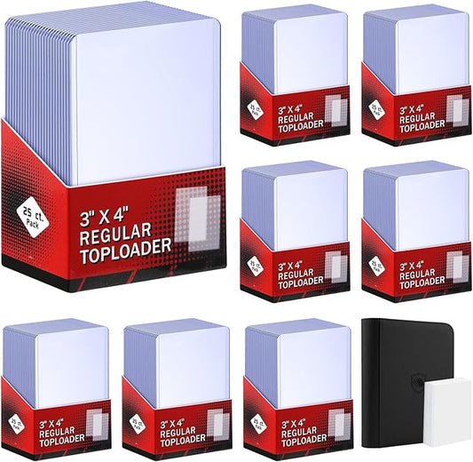 400 Card Sleeves Top Loaders for Cards Included 96 Pockets Top Loader Binder, 3" x 4" Baseball Card Protector Hard Plastic Card Holder for Sports Trading Cards (200 Toploaders + 200 Soft Sleeves)