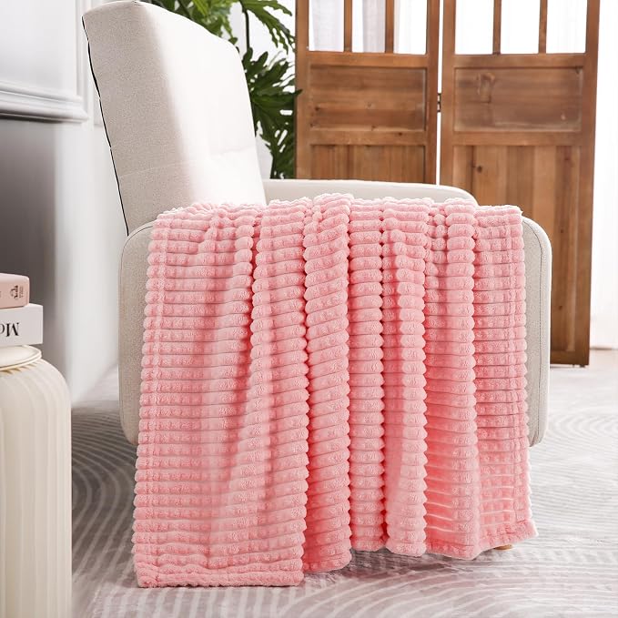 Puncuntex Fleece Throw Blanket Light Pink 108"×90" with Square Grid Design | Super Soft Plush Cozy Flannel Throw Blanket Luxury for Couch Sofa Chair