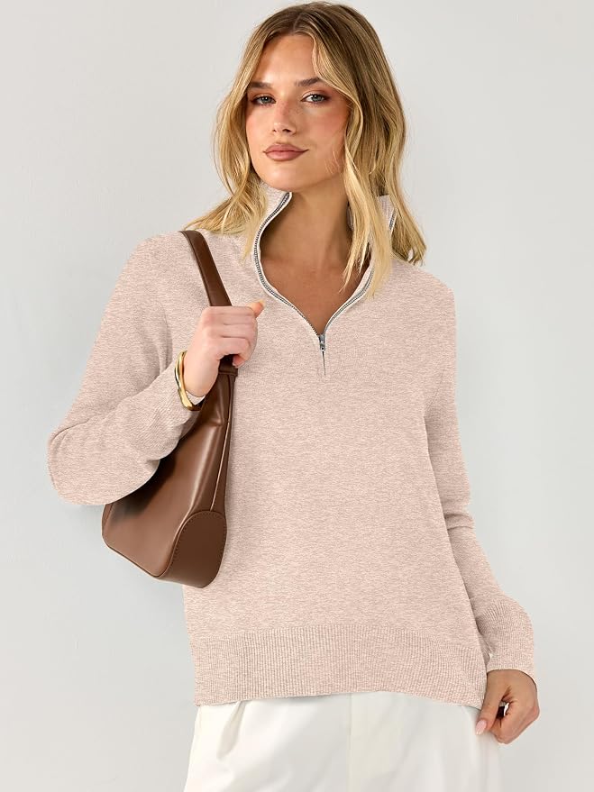 ANRABESS Women Quarter Zip Long Sleeve Fall Pullover Sweater | Soft Knit Fabric Medium Stretch, Business Casual Work Office, Travel Vacation, 2026 Trendy Fashion, Winter Cozy Outfits