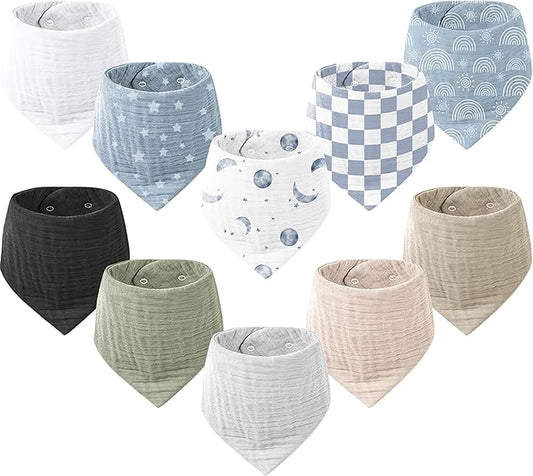 Konssy Muslin Baby Bibs 10 Pack Baby Bandana Drool Bibs 100% Cotton for Unisex Boys Girls