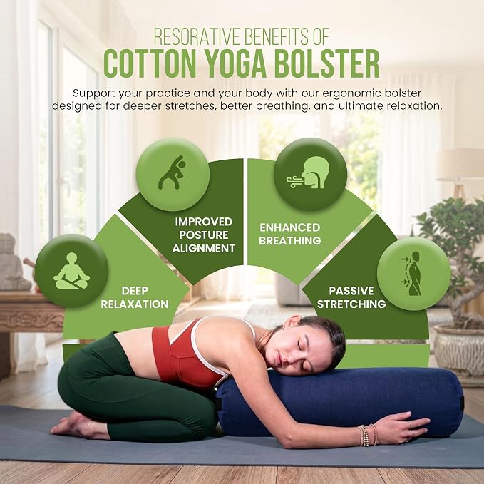 Bean Products Cotton Batting Yoga Bolster - Studio Grade Round or Rectangular Restorative Yoga Pillow for Pilates and Yin Practice - Soft Yet Firm Support with Cotton Cover - Made in The USA