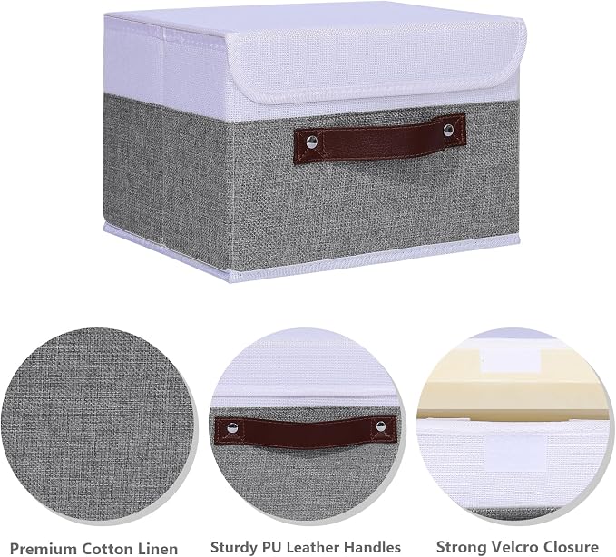 ANMINY Fabric Storage Box Bins with Lids, Gray White, 13"x9"x7.9", 2 Pack | Keepsake Memory Storage, Cotton Linen, PP Board Reinforced, Washable, PU Handles, Foldable & Stackable, Decorative, Medium
