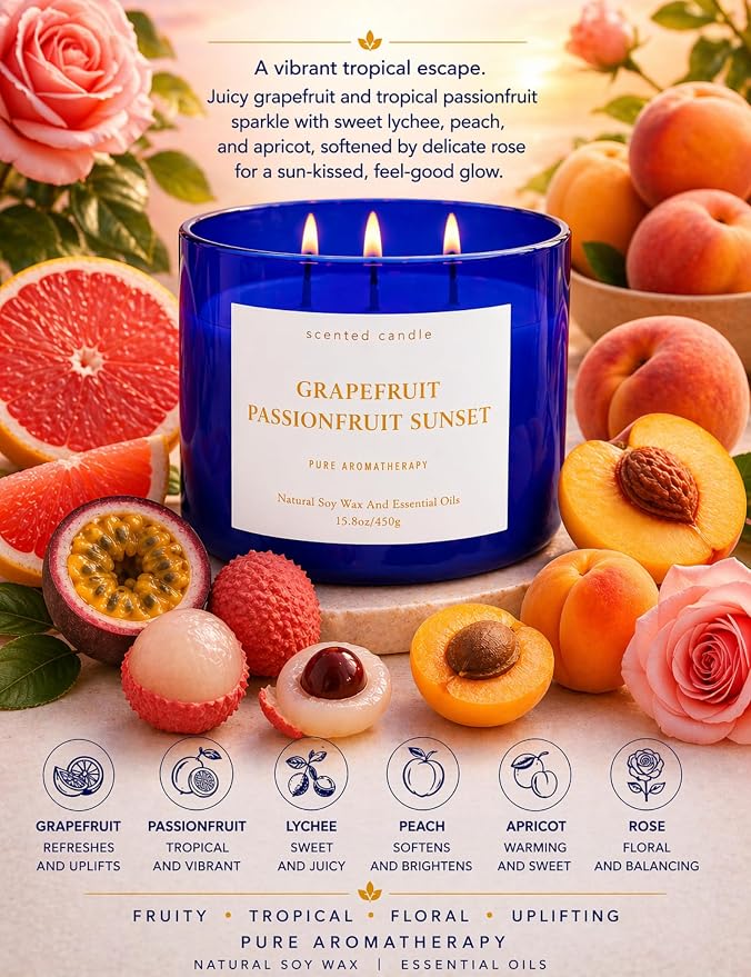 Grapefruit Passionfruit 3-Wick Summer Scented Soy Candle for Home, 15.8oz | Sweet Tropical & Fruity Scented Candles, Aromatherapy Relaxing, Strong Throw, Clean Burn, Large Candle Gift for Women & Men