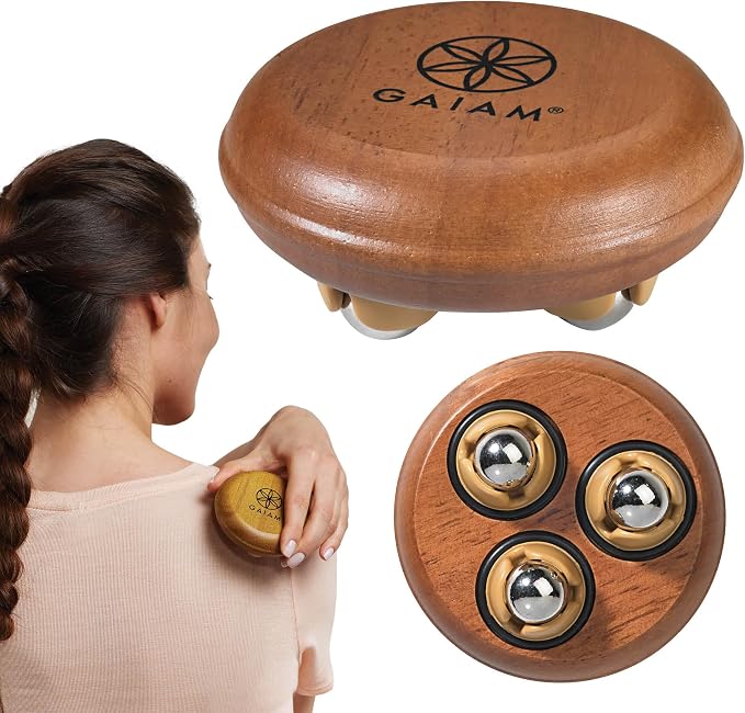 Gaiam Relax Handheld Massager – Portable Wood Massage Tool with 3 Free-Rolling Stainless Steel Balls for Sore Muscle, Tension & Blood Circulation Relief