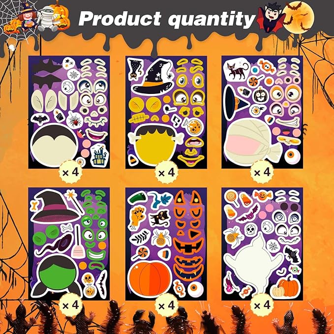 24 PCS Make-a-face Halloween Sticker Make Your Own Halloween Character Mix and Match Sticker with Vampire, Witch, Mummies Zombies, Ghost and Pumpkin Trick or Treat Halloween Goodie Bag Fillers